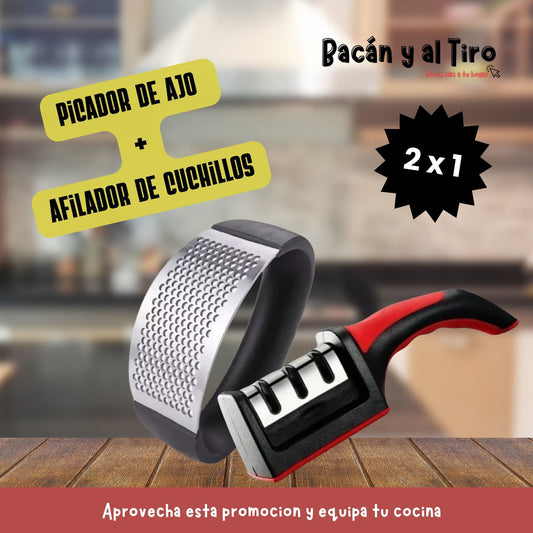 Prensa de ajo de acero inoxidable + afilador de cuchillo
